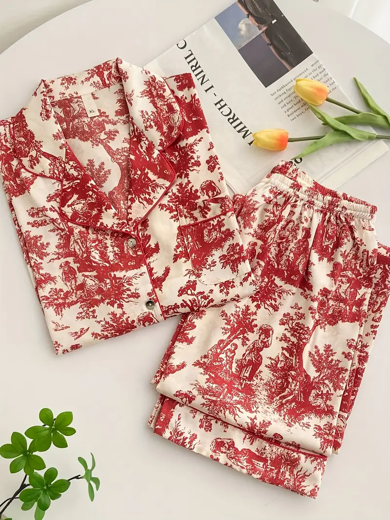 Elegant Silk Pajama Set for Women – Ink Wash Print, Soft & Breathable Sleepwear