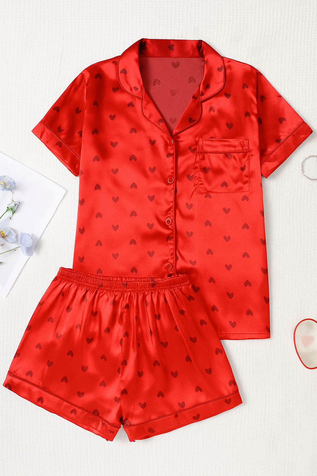 Silky Satin Pajama Set for Women – Lightweight Summer Sleepwear with Belted Shorts