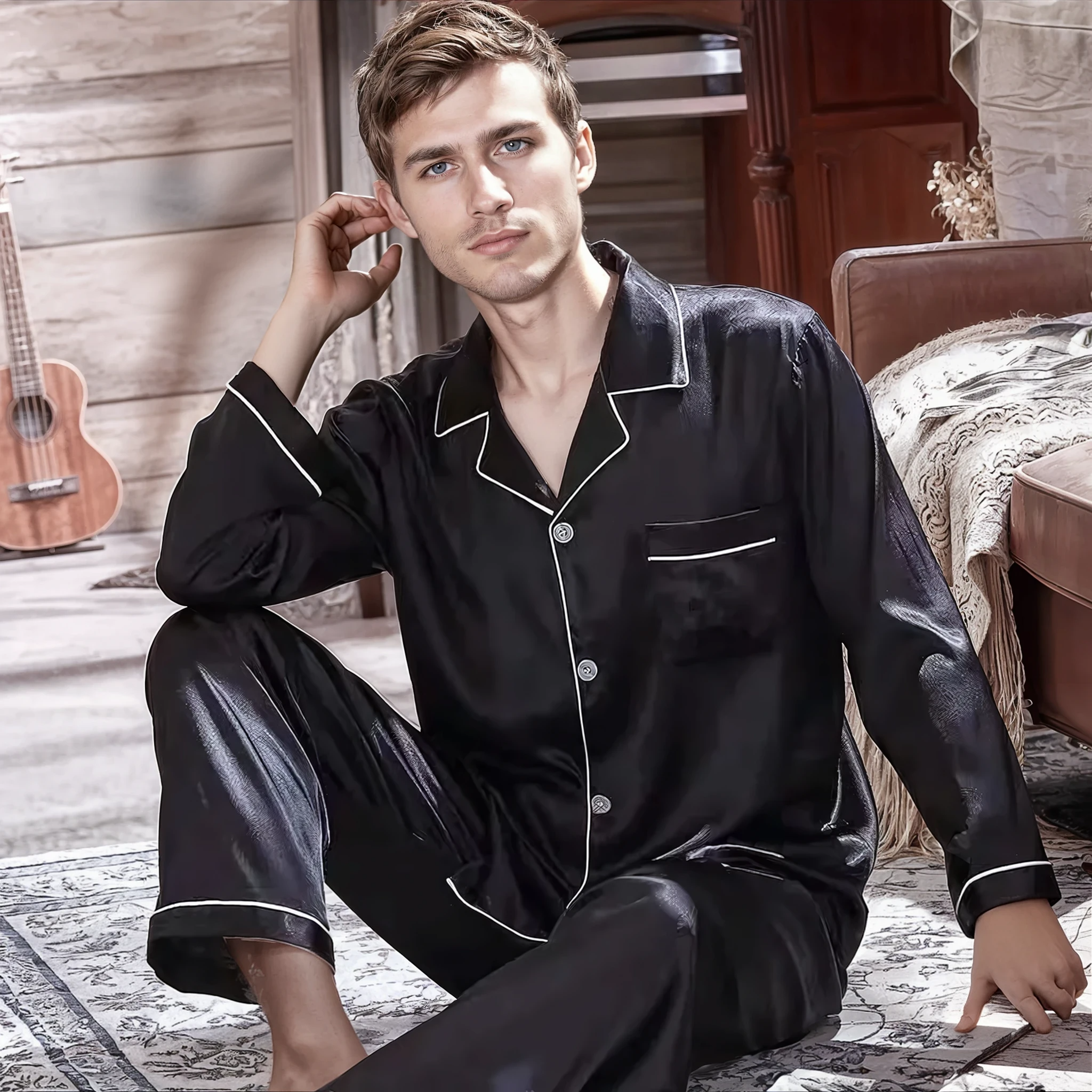 Men’s Cooling Silk-Feel Pajama Set – Breathable Long Sleeve Sleepwear for Night Comfort