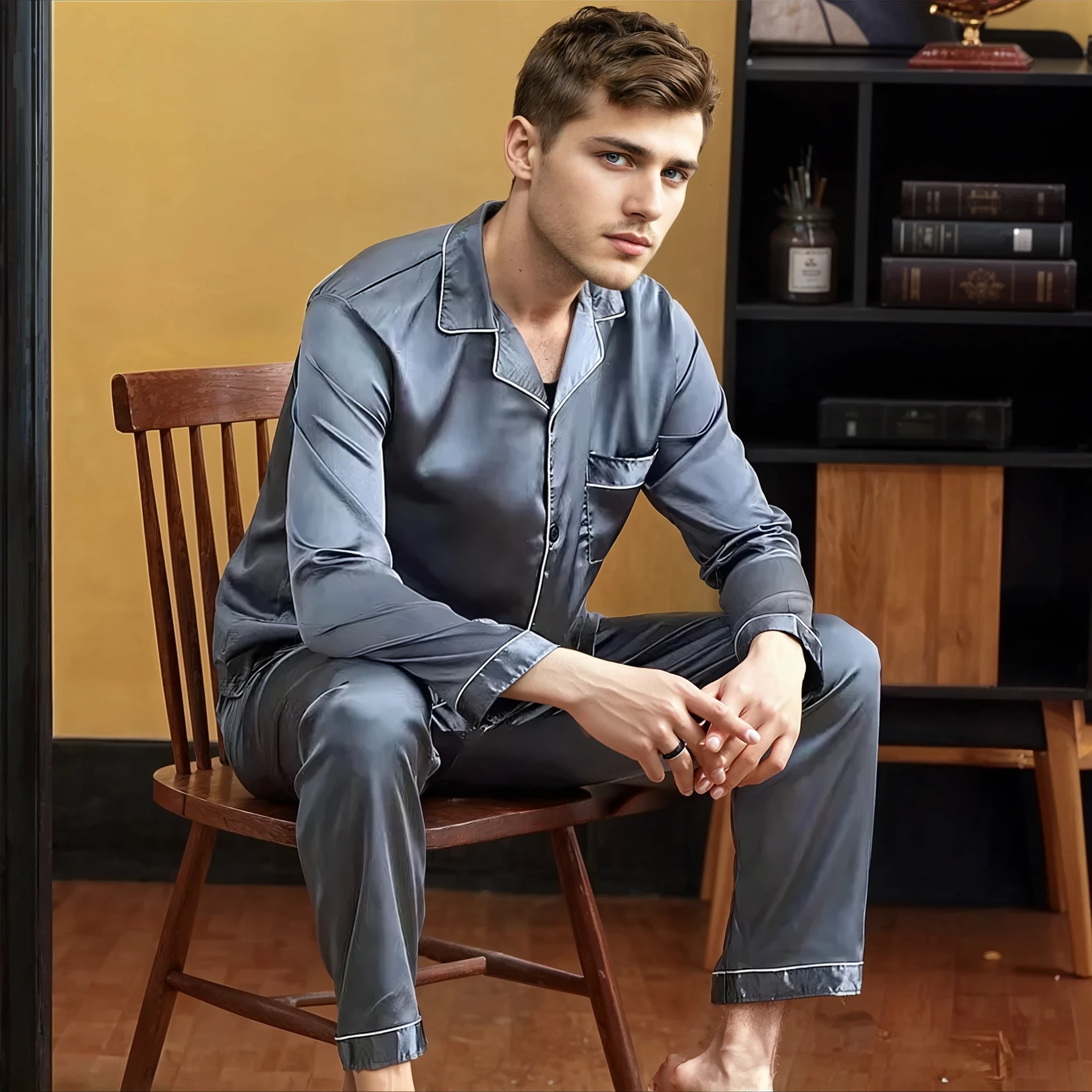 Men’s Cooling Silk-Feel Pajama Set – Breathable Long Sleeve Sleepwear for Night Comfort