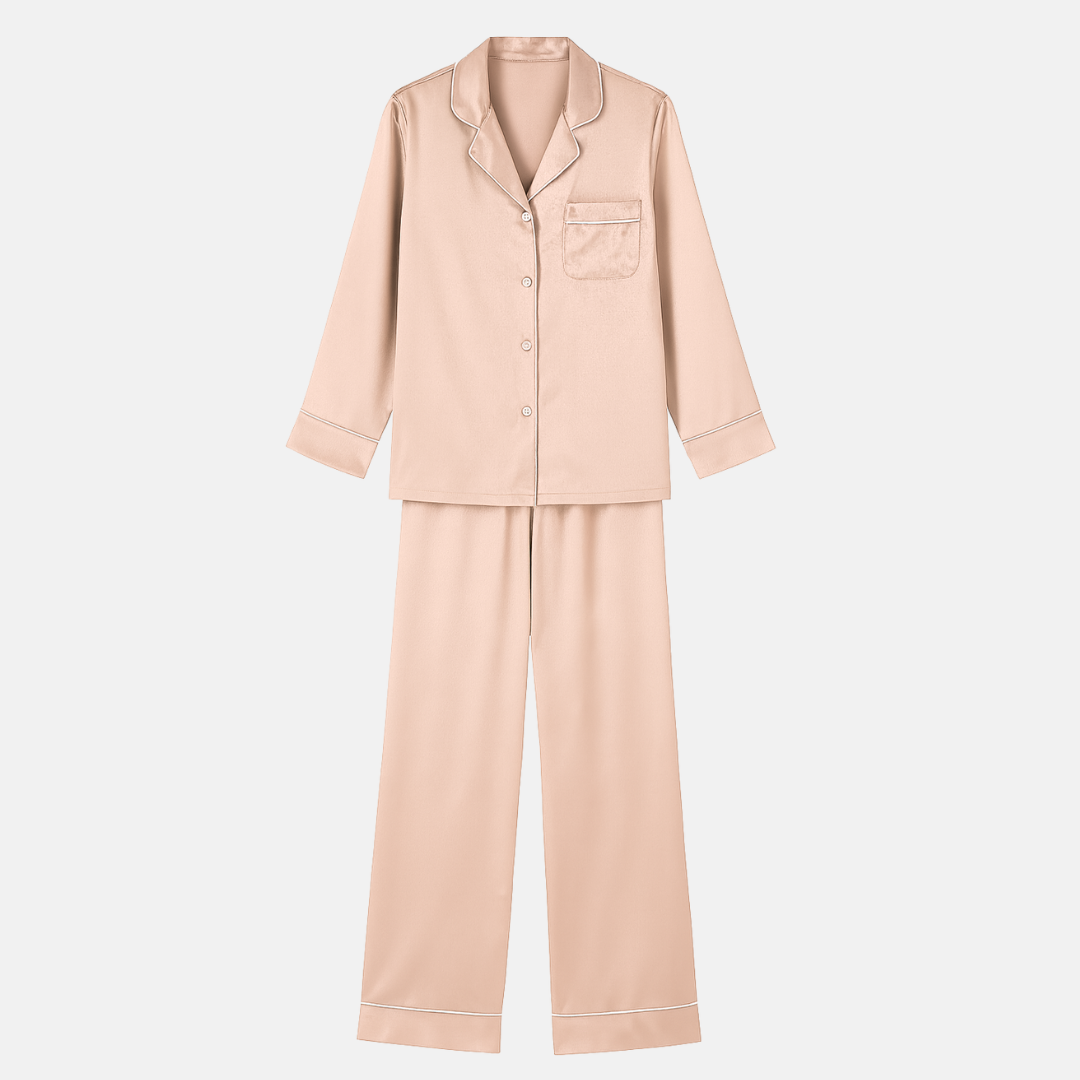 100% Mulberry Silk Pajama Set – Long Sleeve Button Down Top and Full-Length Pants